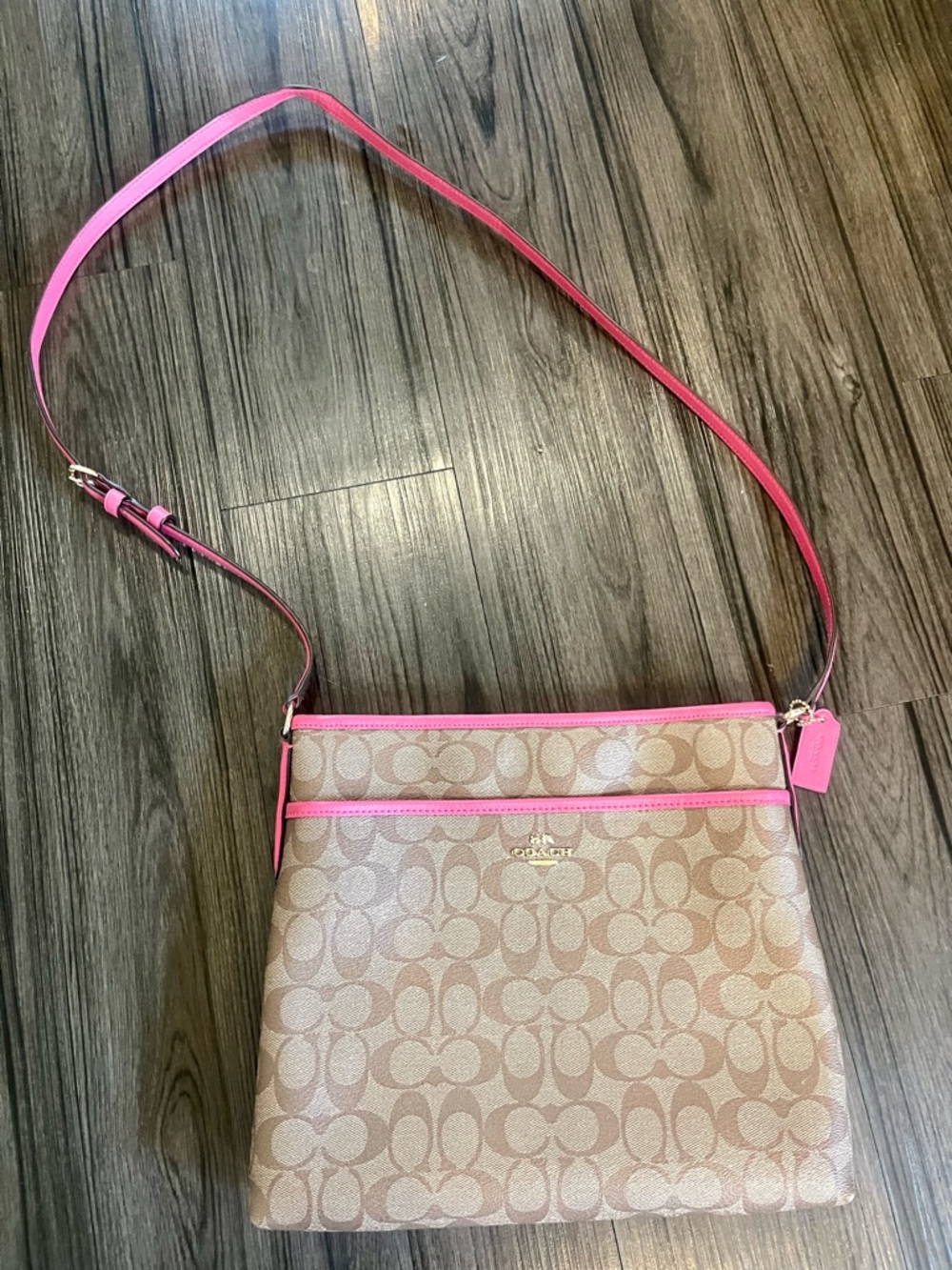 Coach Tan Signature Crossbody with Pink Trim